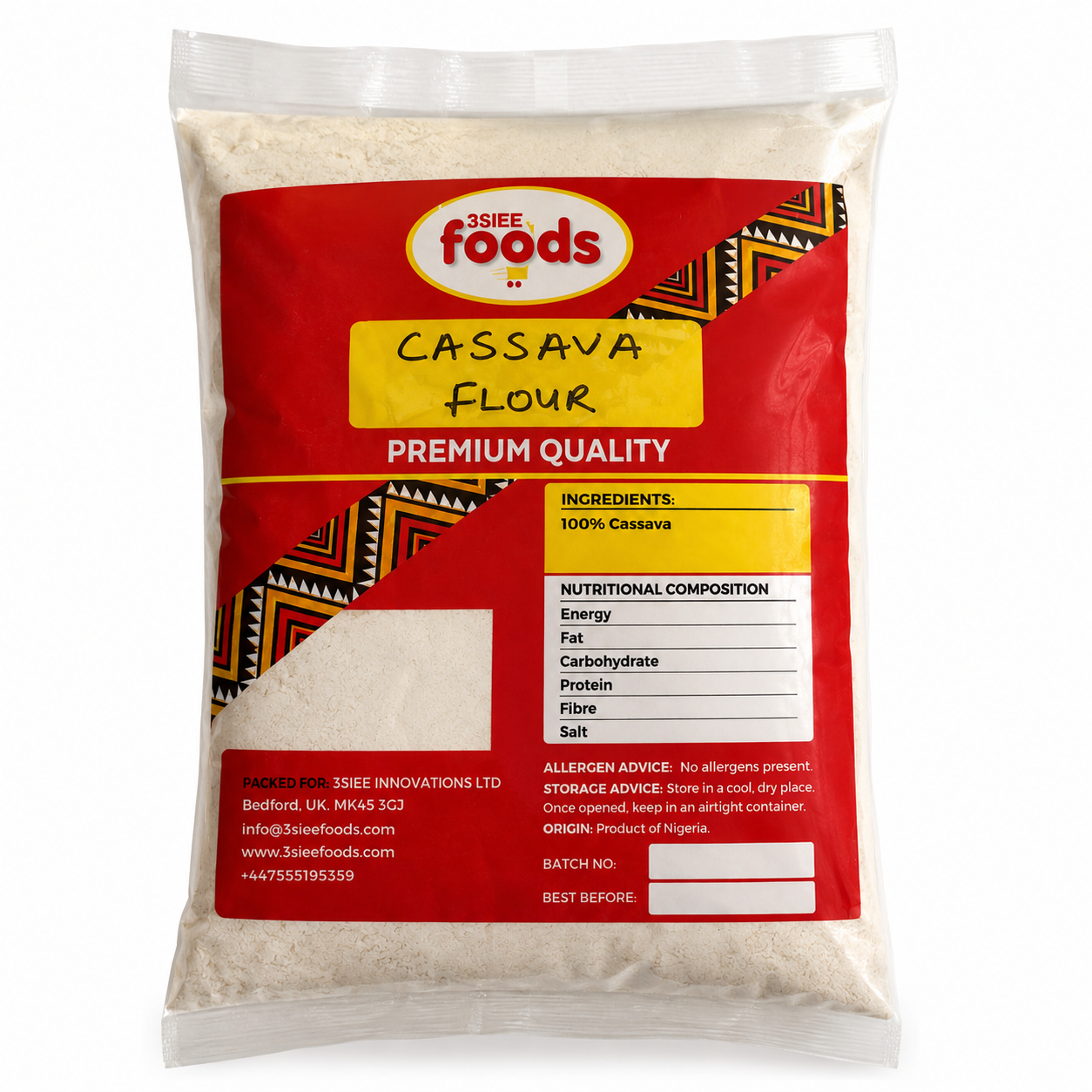 3SIEE Cassava Flour Lafun pouch on white background for smooth Nigerian fufu