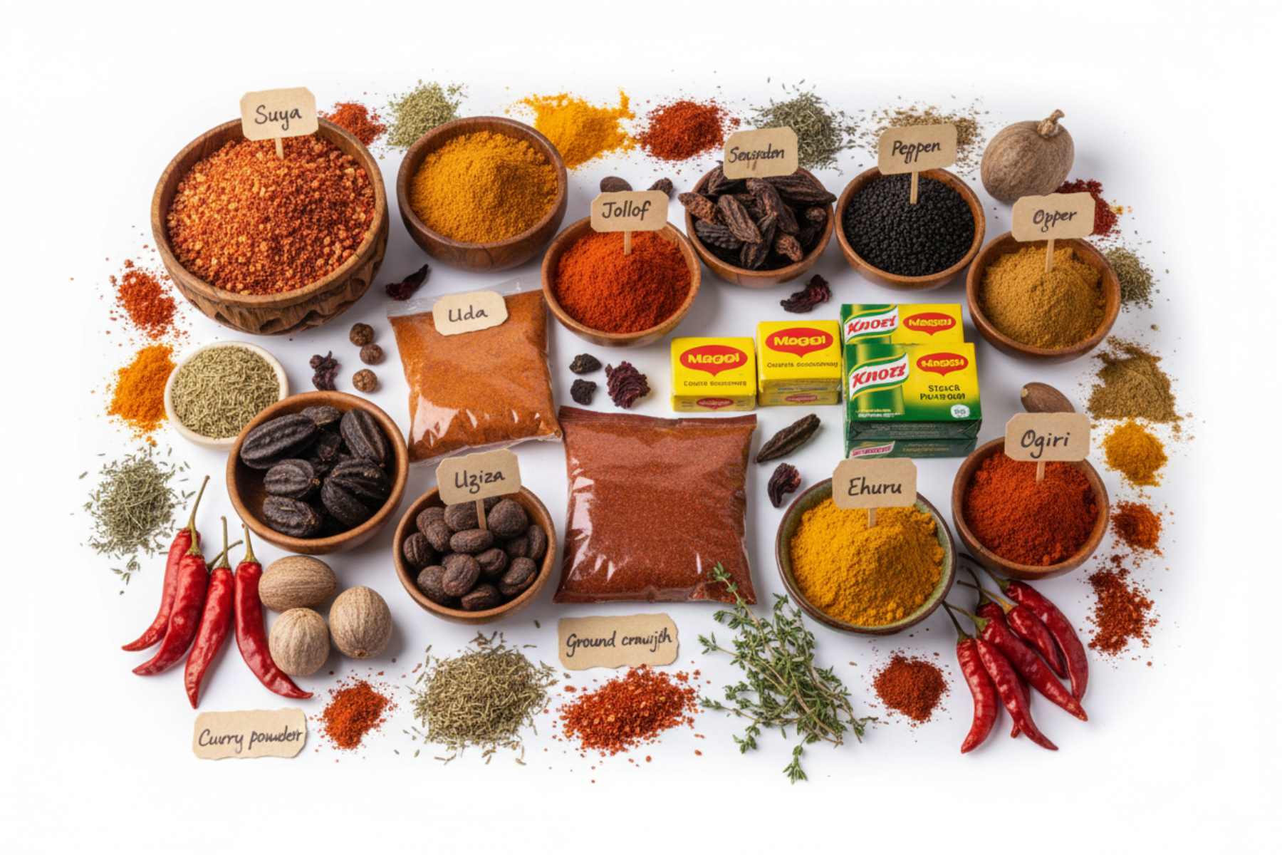 African seasonings and spices including curry powder, thyme, stock cubes and cooking essentials in the UK